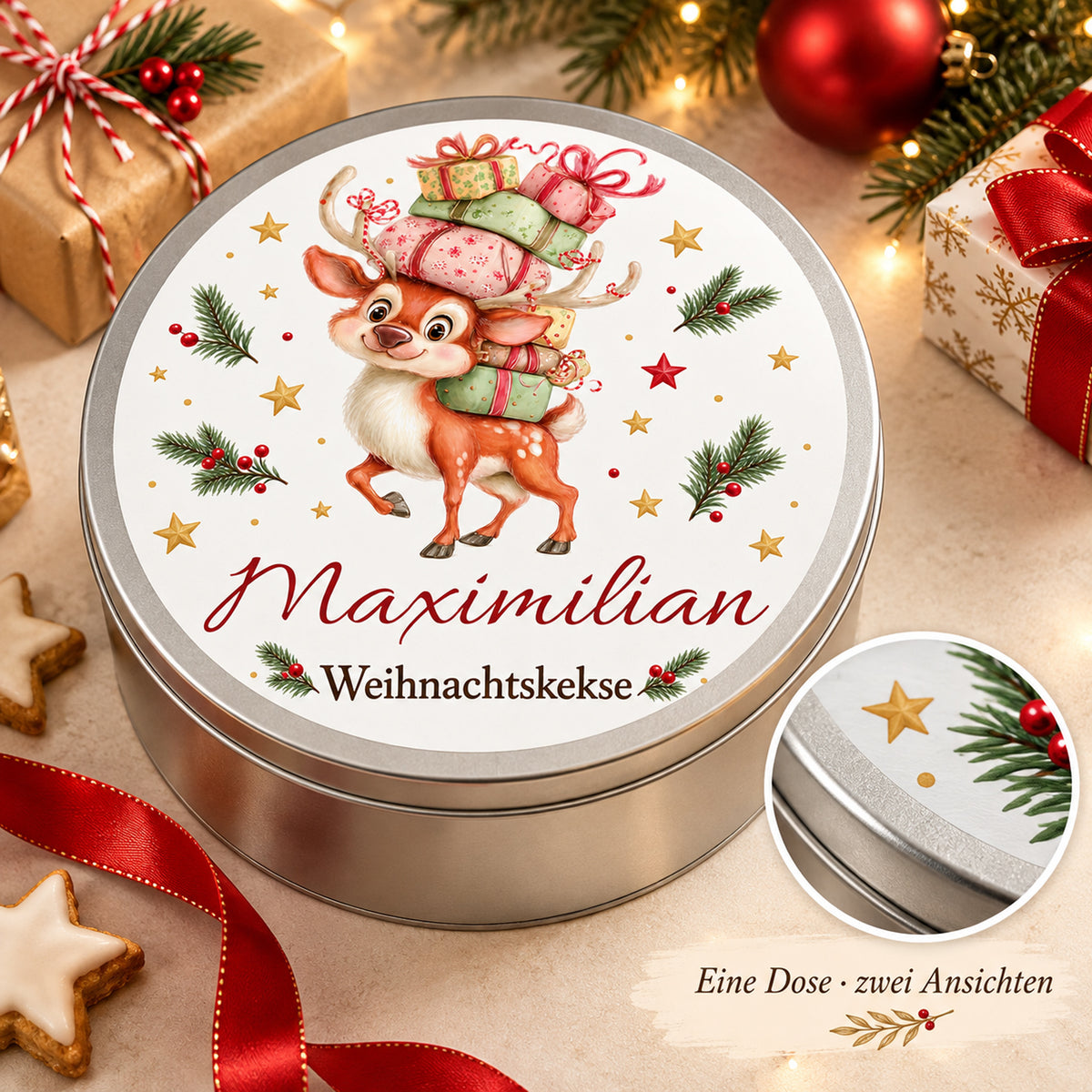 Keksdose mit Rentier mit Geschenkestapel und vergrößertem Detail des Deckelrands.