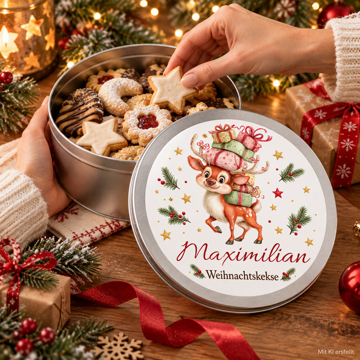 Hände an der offenen Keksdose mit Keksen und Rentier mit Geschenkestapel.