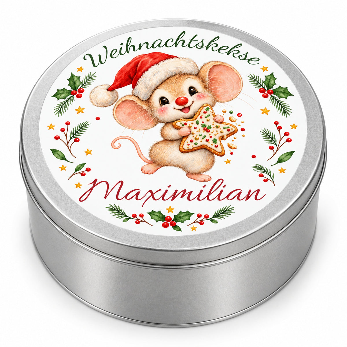 Keksdose Weihnachtsmaus Keksstern mit Wunschname auf weißem Hintergrund