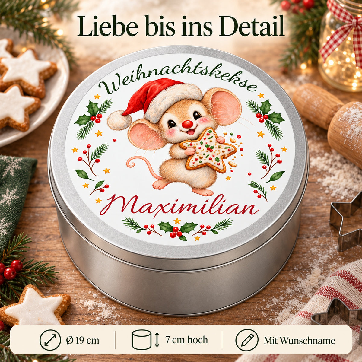 Keksdose Weihnachtsmaus Keksstern mit Maßangaben und Wunschname