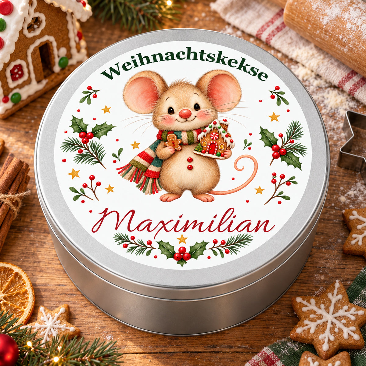 Keksdose Weihnachtsmaus Lebkuchenhaus mit Wunschname in weihnachtlicher Umgebung