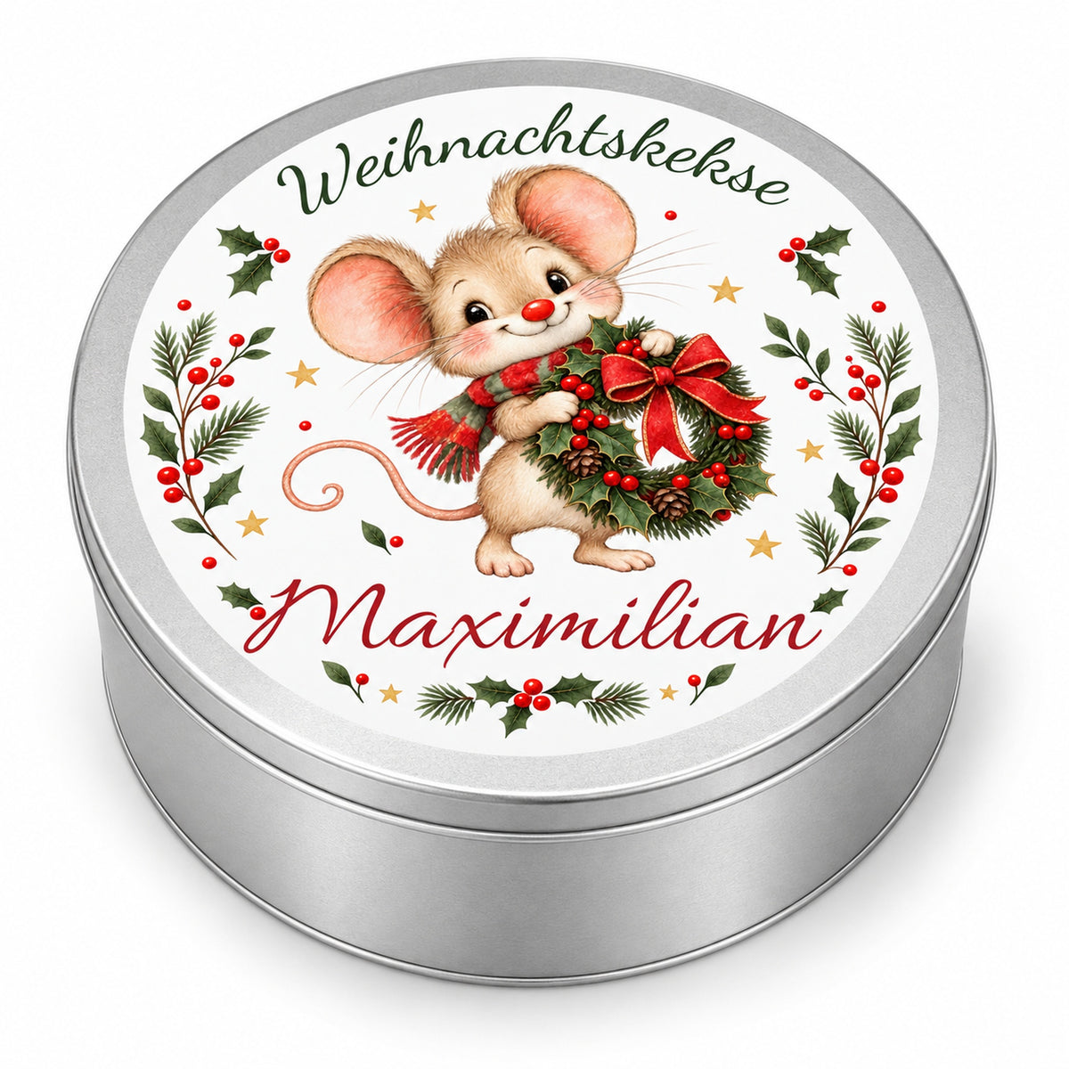 Keksdose Weihnachtsmaus Weihnachtskranz mit Wunschname auf weißem Hintergrund