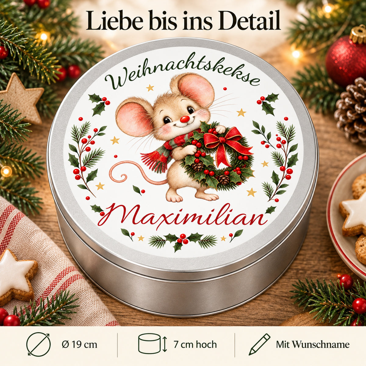Keksdose Weihnachtsmaus Weihnachtskranz mit Maßangaben und Wunschname