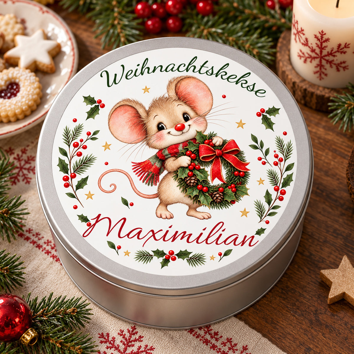 Keksdose Weihnachtsmaus Weihnachtskranz mit Wunschname in einer weihnachtlichen Wohnszene