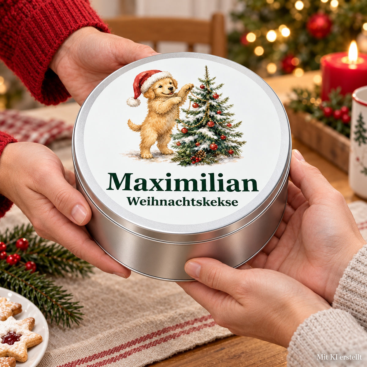 Mit Händen gehaltene runde Keksdose mit Hund am Weihnachtsbaum und Wunschname.