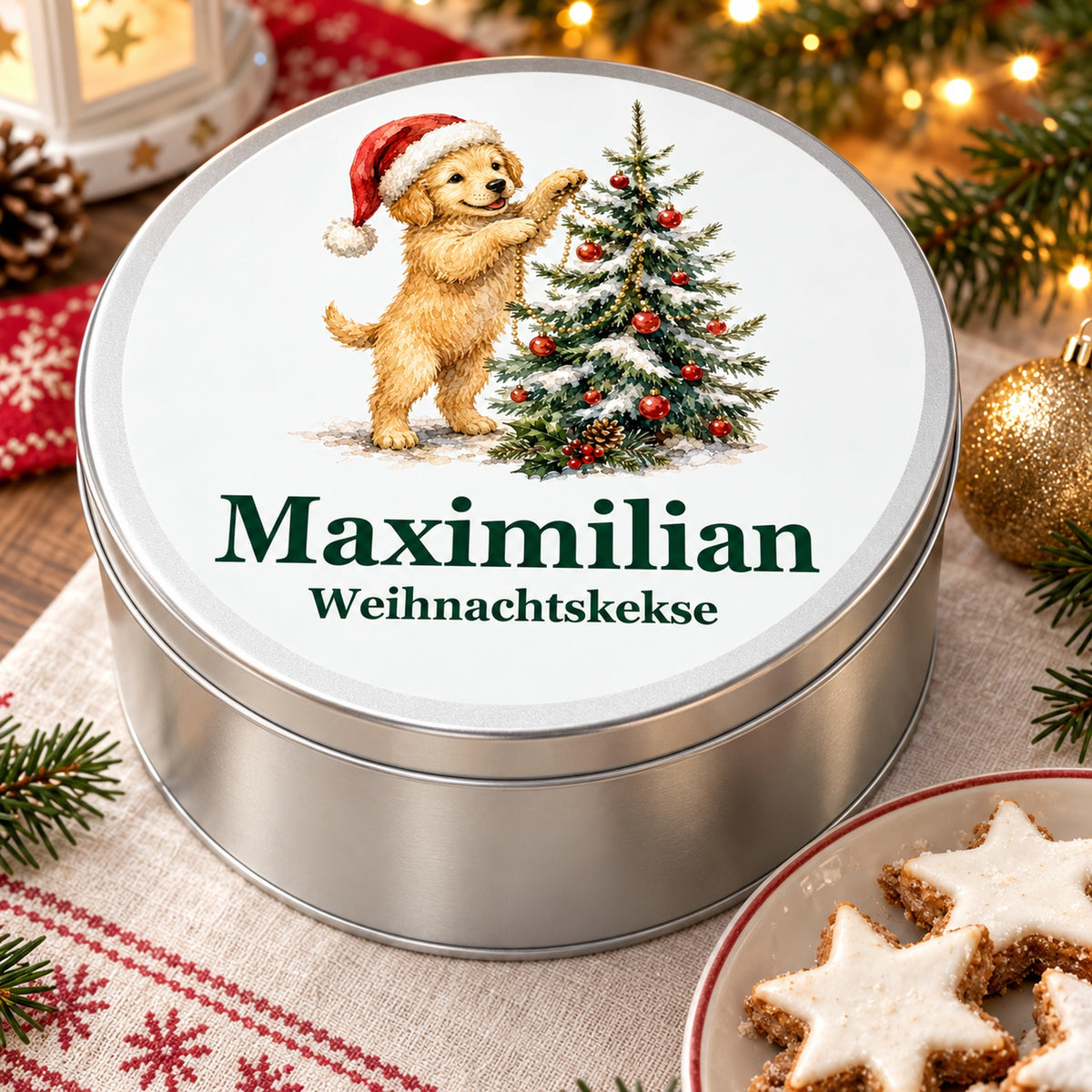 Runde Keksdose als weihnachtliche Geschenkidee mit Hund am Weihnachtsbaum und Wunschname.