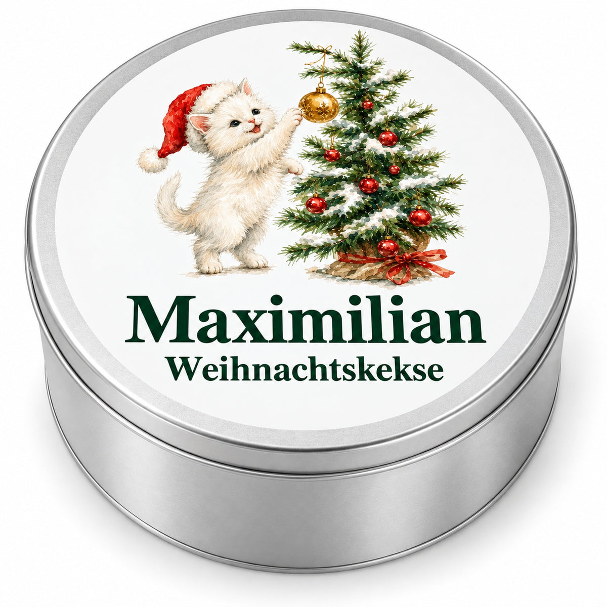Runde Keksdose mit Katze, die nach einer goldenen Kugel am Weihnachtsbaum greift und Wunschname.