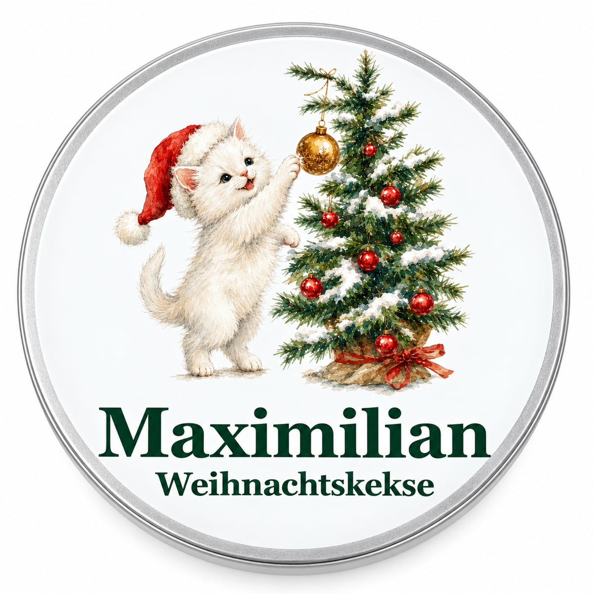 Draufsicht auf eine runde Keksdose mit Katze, die nach einer goldenen Kugel am Weihnachtsbaum greift und Wunschname.