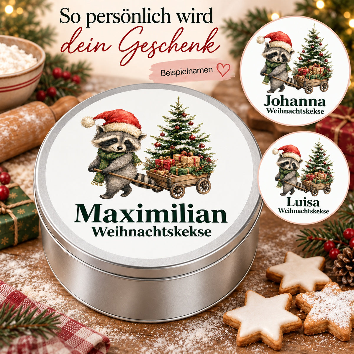 Namenspersonalisierung einer runden Keksdose mit Waschbär mit Geschenkewagen und Wunschname. Detailkreise zeigen unterschiedliche Wunschnamen.