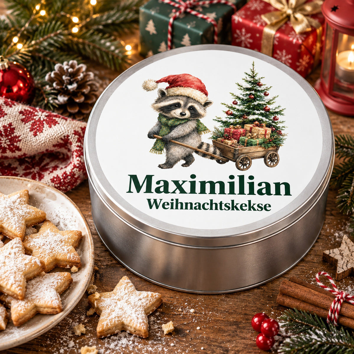 Runde Keksdose als weihnachtliche Geschenkidee mit Waschbär mit Geschenkewagen und Wunschname.