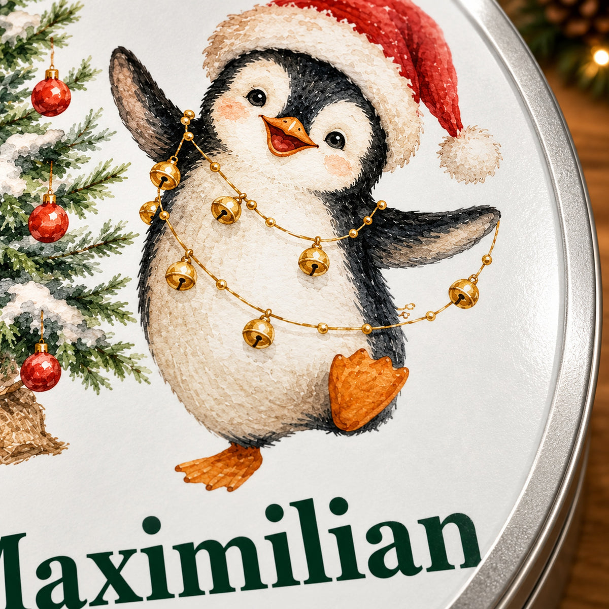 Detail des Weihnachtsmotivs auf einer runden Keksdose mit Pinguin mit Glöckchenkette und Wunschname.