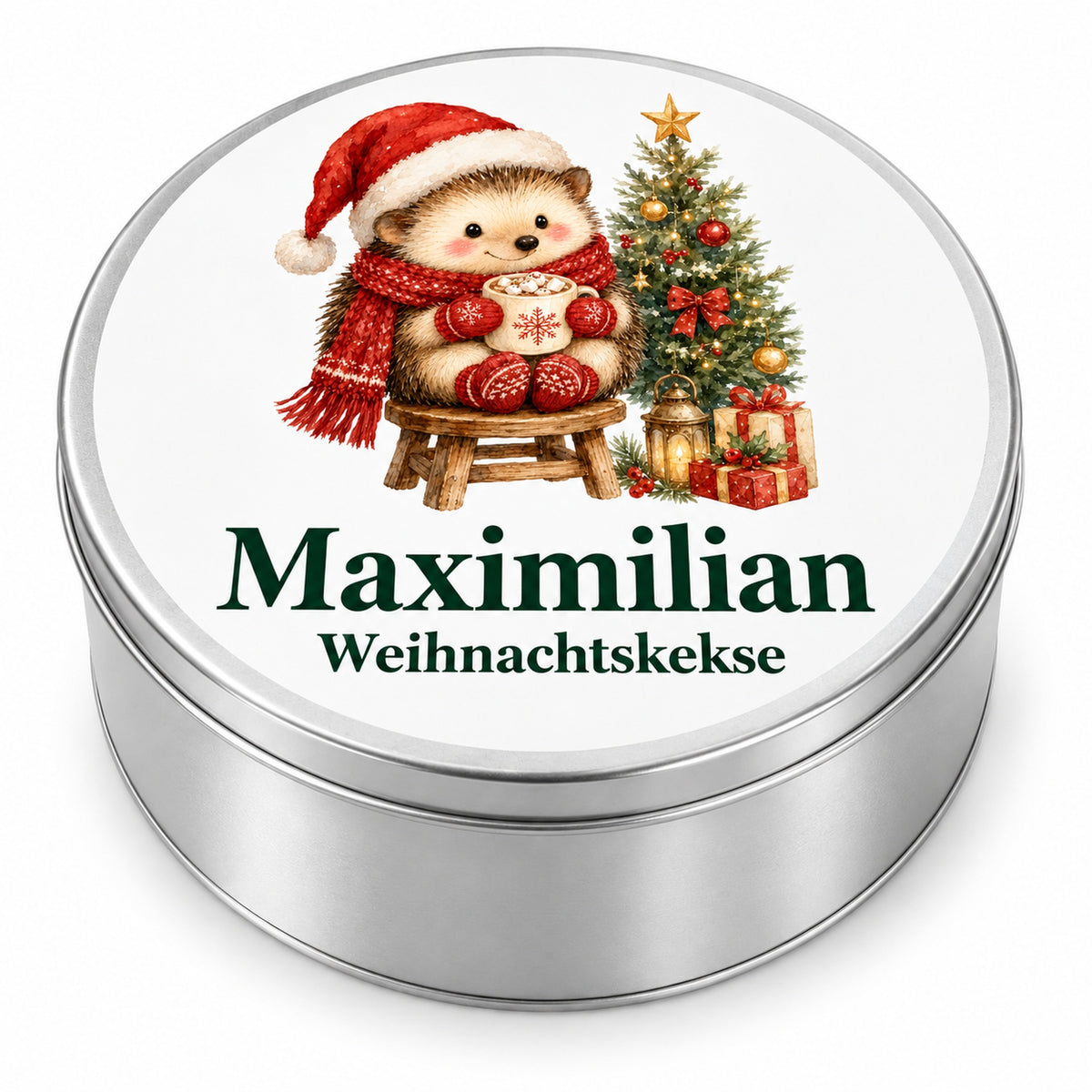 Runde Keksdose mit Igel mit Kakao und Wunschname.