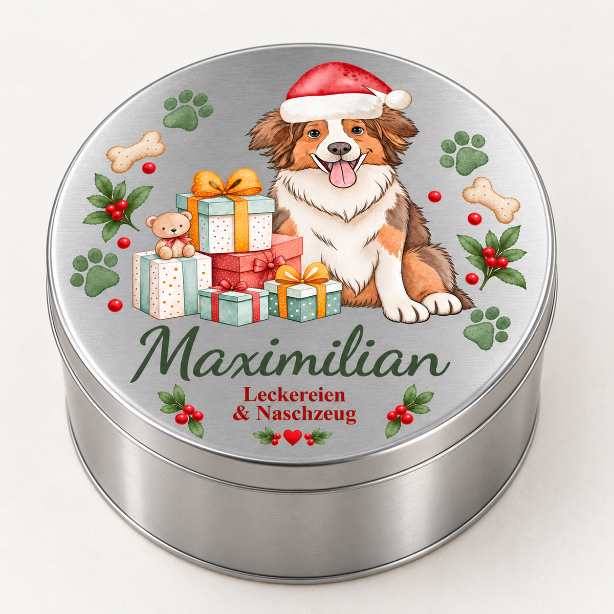 Geschlossene runde Leckerlidose mit Australian Shepherd-Motiv in schräger Ansicht