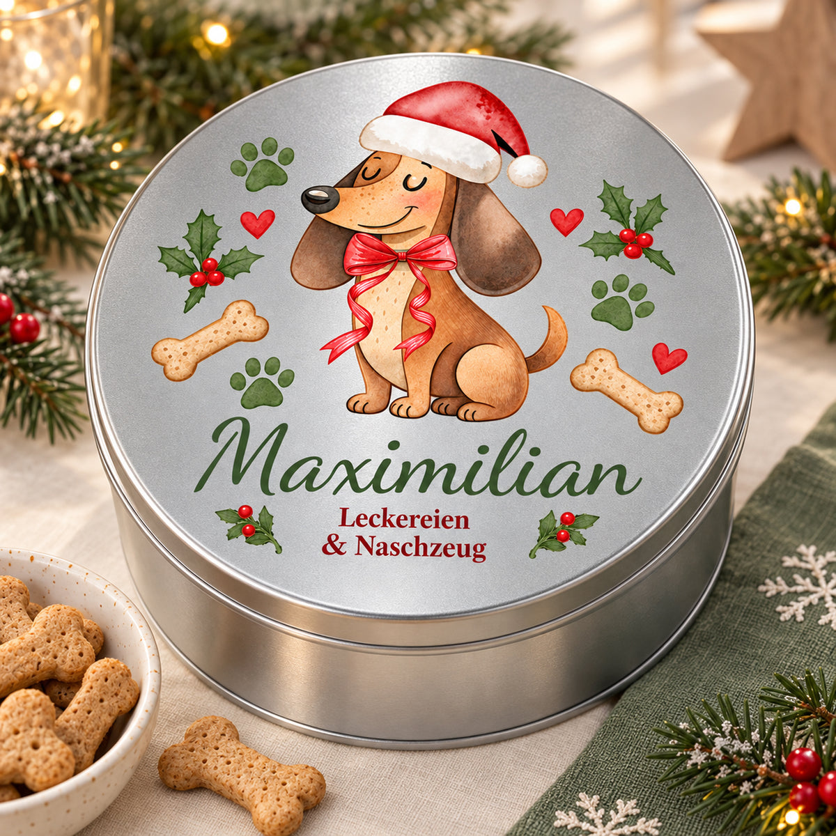 Geschlossene Dackel-Leckerlidose als Weihnachtsgeschenk neben Hundeleckerlis und weihnachtlicher Dekoration