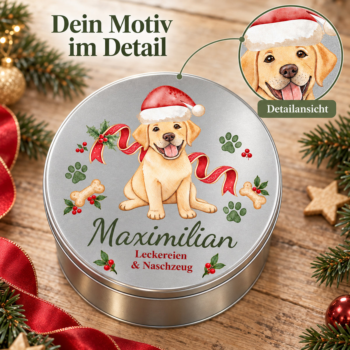 Bedruckte Labrador-Leckerlidose mit vergrößertem Ausschnitt des weihnachtlichen Hundemotivs