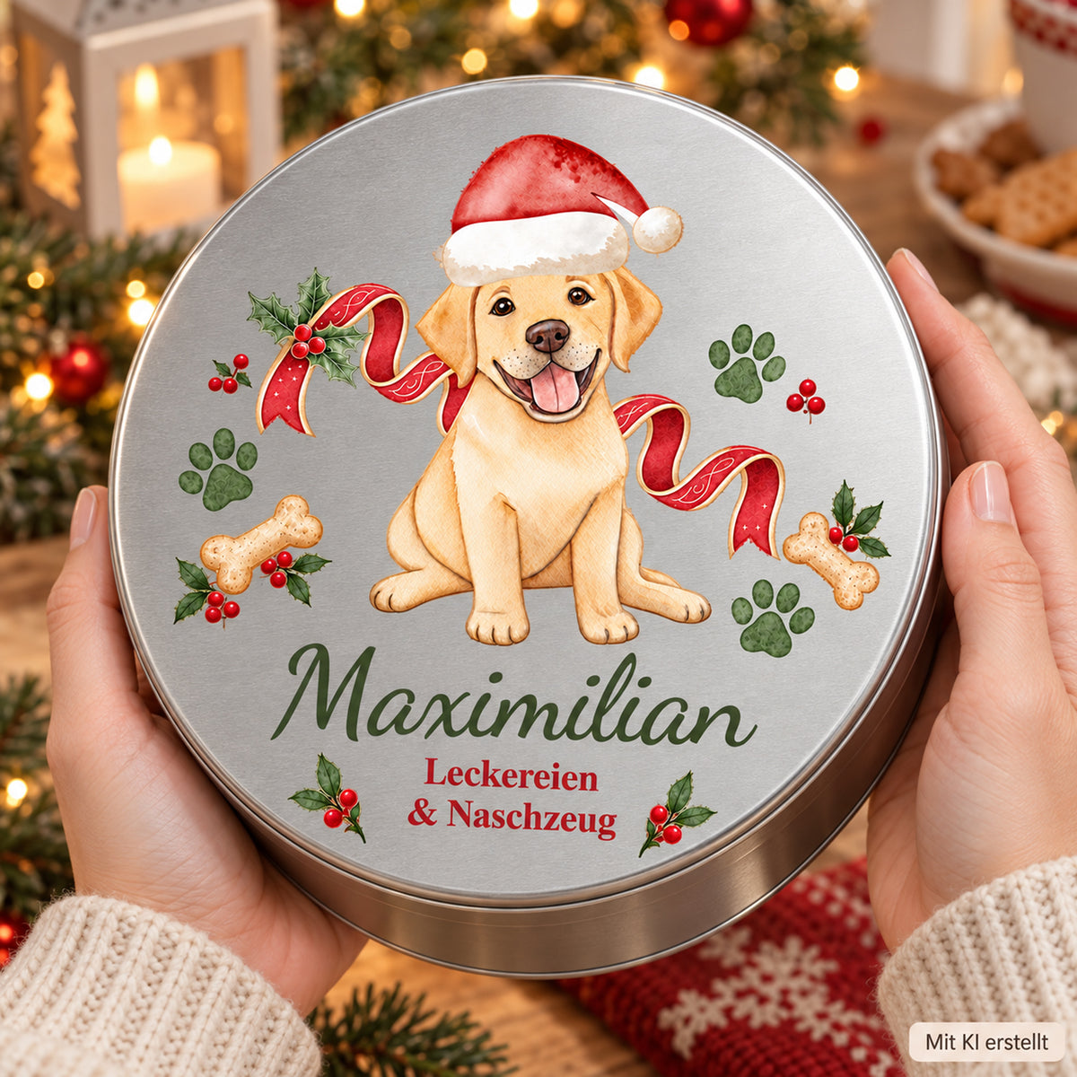 Hände halten eine silberne personalisierte Leckerlidose mit Labrador-Motiv zur Größenorientierung