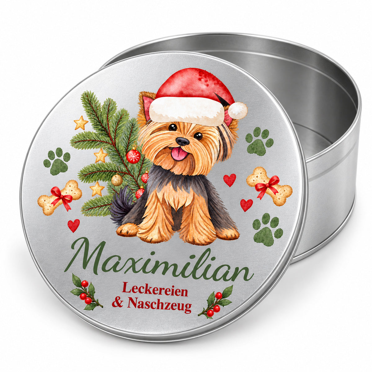 Personalisierte silberne Leckerlidose mit weihnachtlichem Yorkshire Terrier-Motiv, offener Dose und bedrucktem Deckel