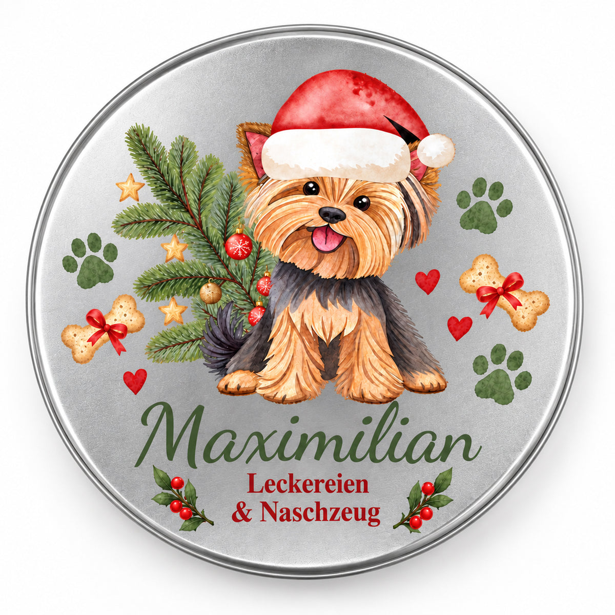 Draufsicht auf den silbernen Dosendeckel mit Yorkshire Terrier-Weihnachtsmotiv, Wunschname und Spruch