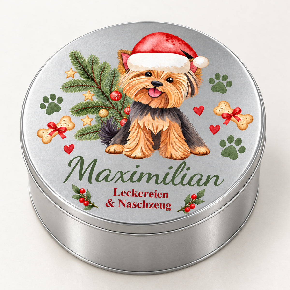 Geschlossene runde Leckerlidose mit Yorkshire Terrier-Motiv in schräger Ansicht