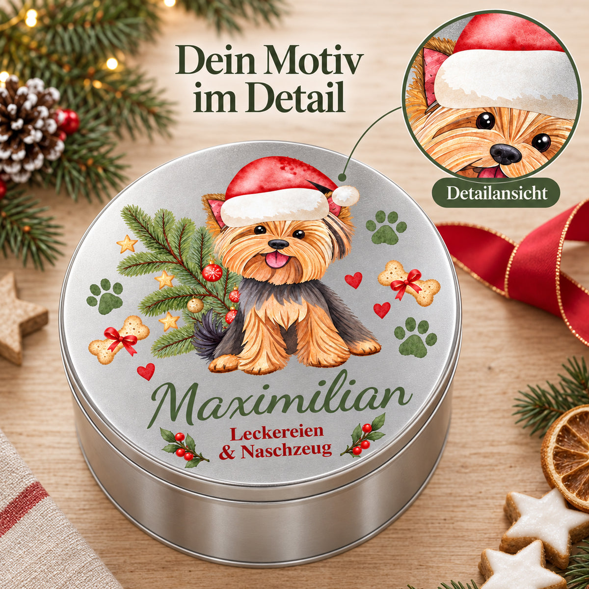 Bedruckte Yorkshire Terrier-Leckerlidose mit vergrößertem Ausschnitt des weihnachtlichen Hundemotivs