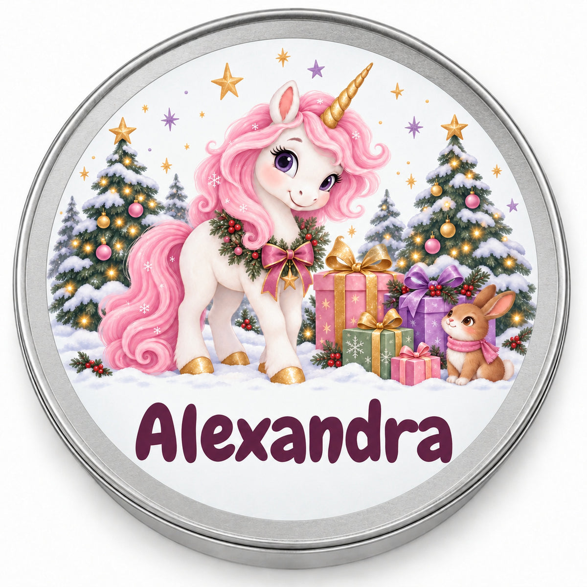 Runde personalisierte Keksdose mit Einhorn-Motiv und Wunschname, in Draufsicht vor hellem Hintergrund.