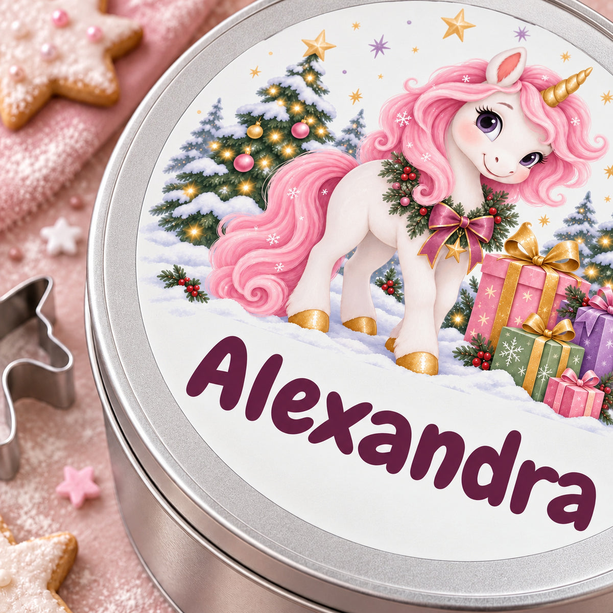 Runde personalisierte Keksdose mit Einhorn-Motiv und Wunschname, als Nahaufnahme von Deckeldruck und Dosenrand.