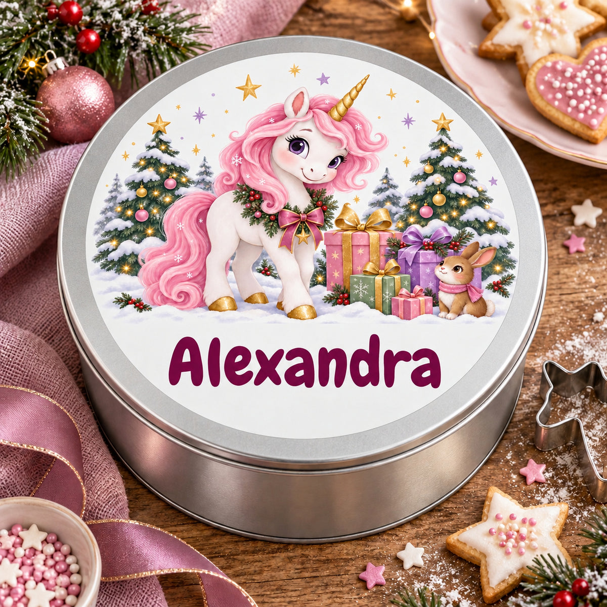 Runde personalisierte Keksdose mit Einhorn-Motiv und Wunschname, als Weihnachtsgeschenk zwischen Keksen und Dekoration.
