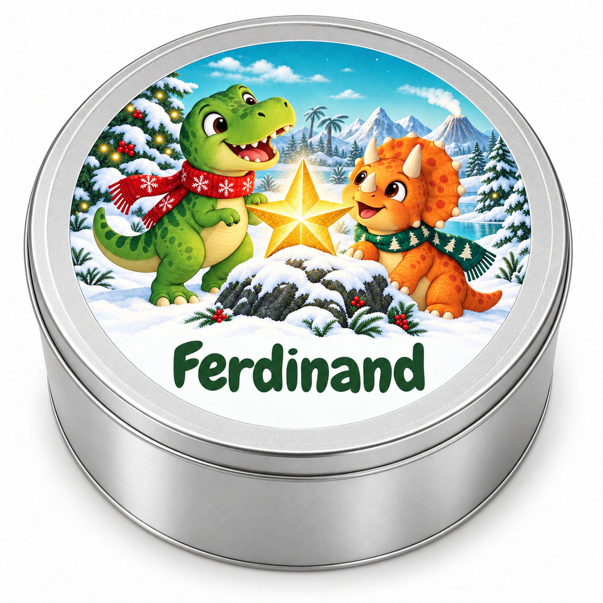 Runde personalisierte Keksdose mit Dino-Motiv und Wunschname, vor hellem Hintergrund.