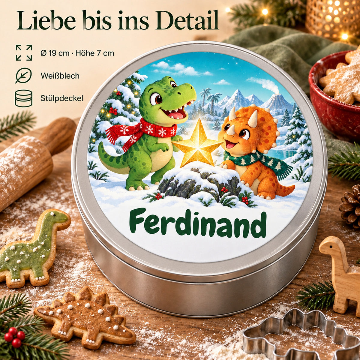 Runde personalisierte Keksdose mit Dino-Motiv und Wunschname, mit Angaben zu 19 cm Durchmesser, 7 cm Höhe, Weißblech und Stülpdeckel.