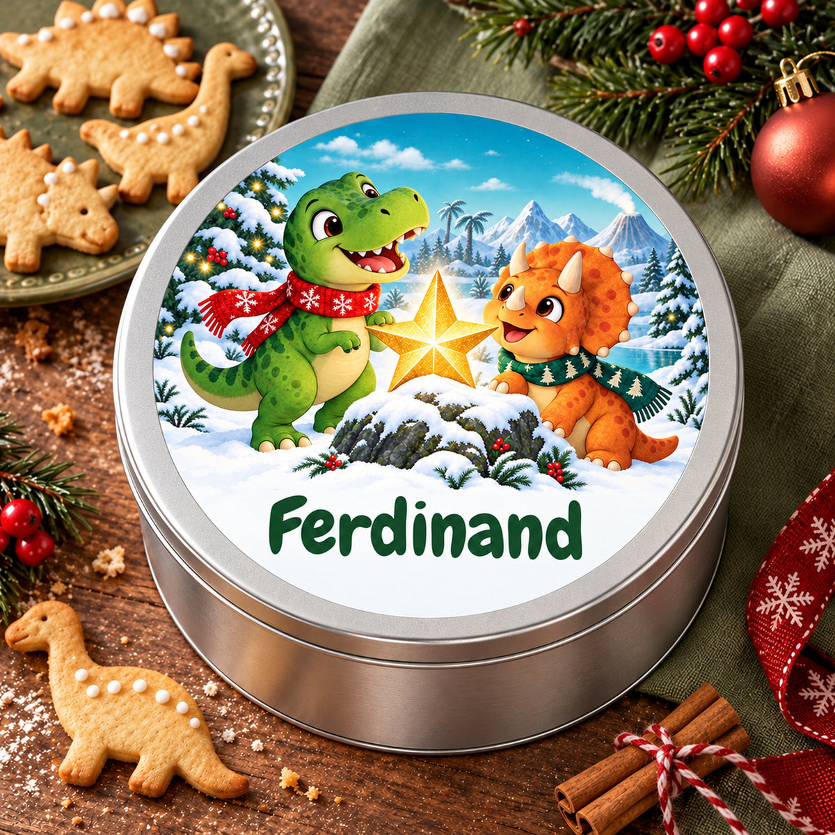 Runde personalisierte Keksdose mit Dino-Motiv und Wunschname, als Weihnachtsgeschenk zwischen Keksen und Dekoration.