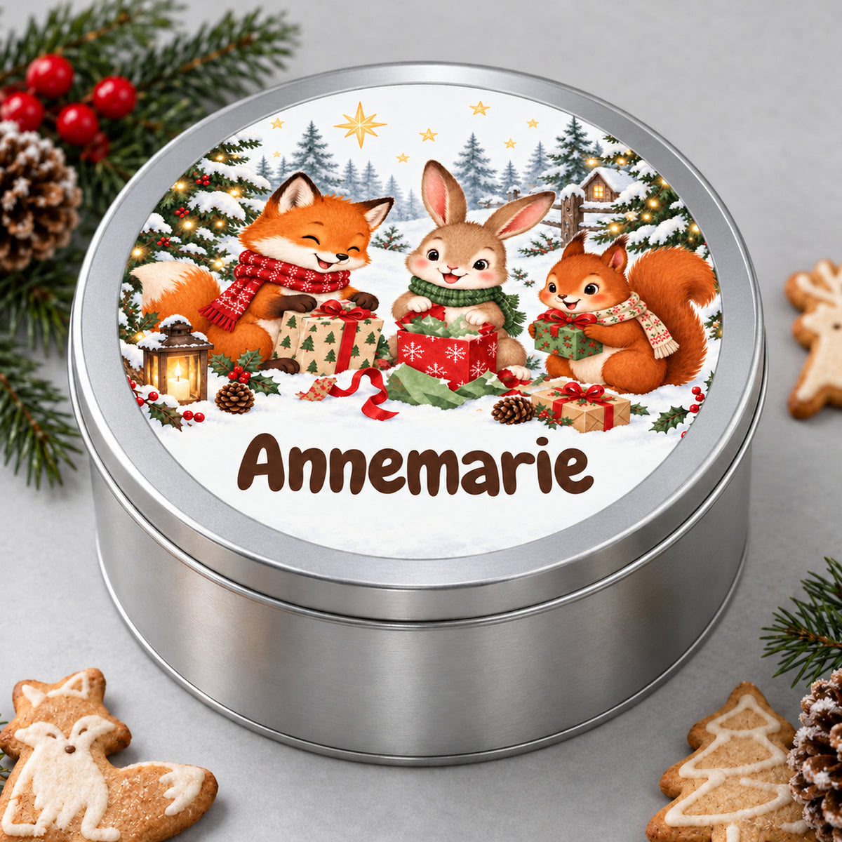 Runde personalisierte Keksdose mit Waldtiere-Motiv und Wunschname, schräg von vorne vor grauem Hintergrund.