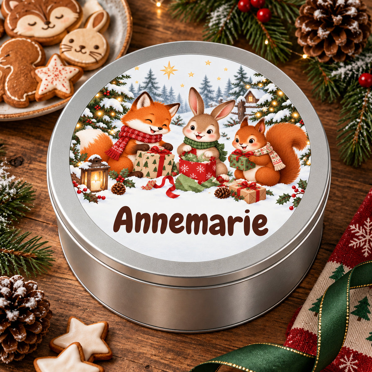 Runde personalisierte Keksdose mit Waldtiere-Motiv und Wunschname, als Weihnachtsgeschenk zwischen Keksen und Dekoration.