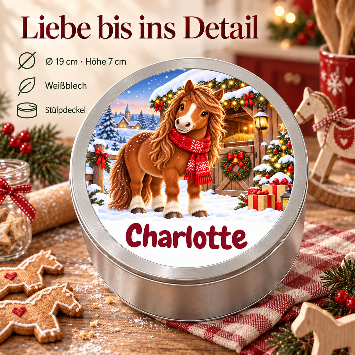 Runde personalisierte Keksdose mit Pferde-Motiv und Wunschname, mit Angaben zu 19 cm Durchmesser, 7 cm Höhe, Weißblech und Stülpdeckel.