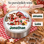 Runde personalisierte Keksdose mit Bauernhof-Motiv und Wunschname, mit Beispielen für die Personalisierung.