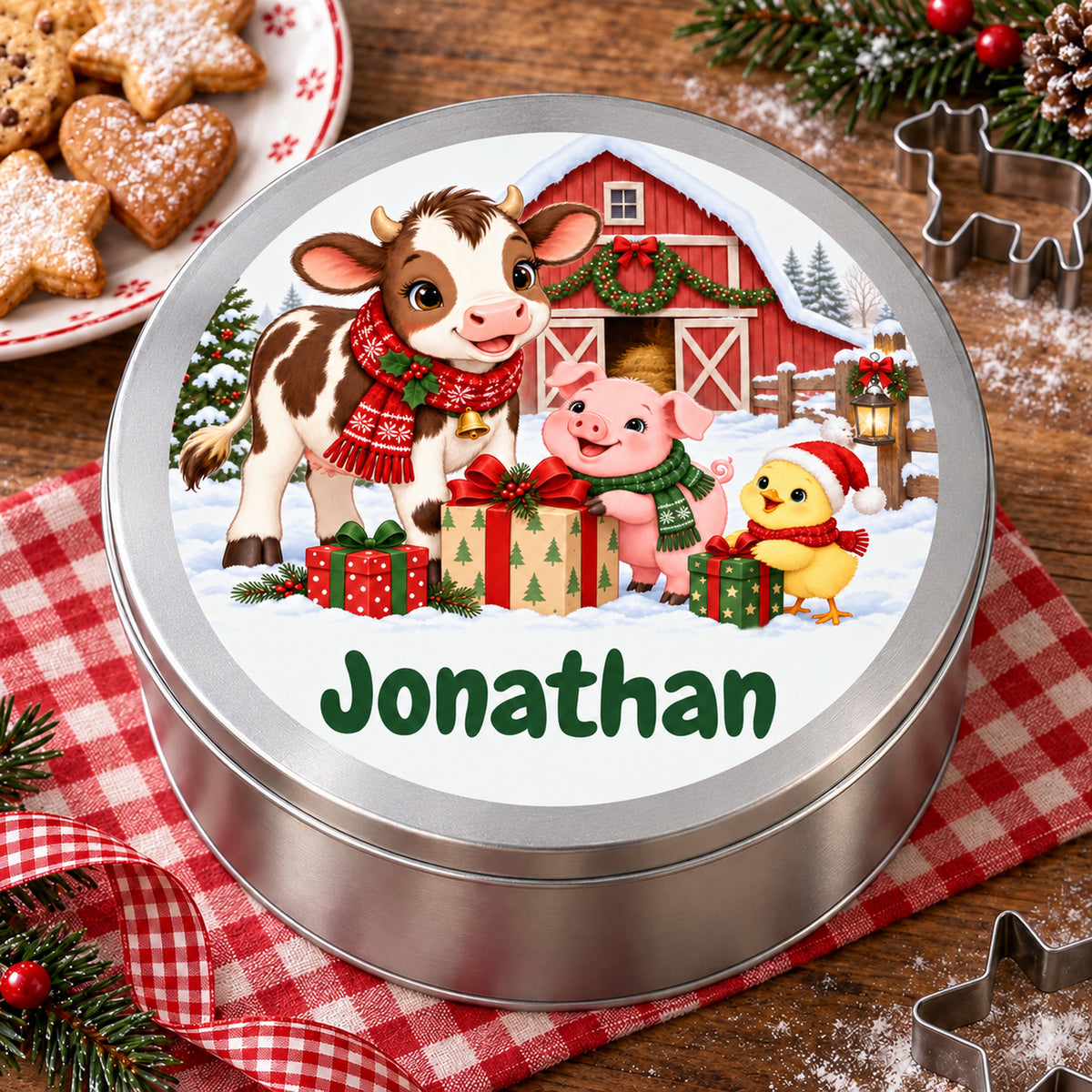 Runde personalisierte Keksdose mit Bauernhof-Motiv und Wunschname, als Weihnachtsgeschenk zwischen Keksen und Dekoration.