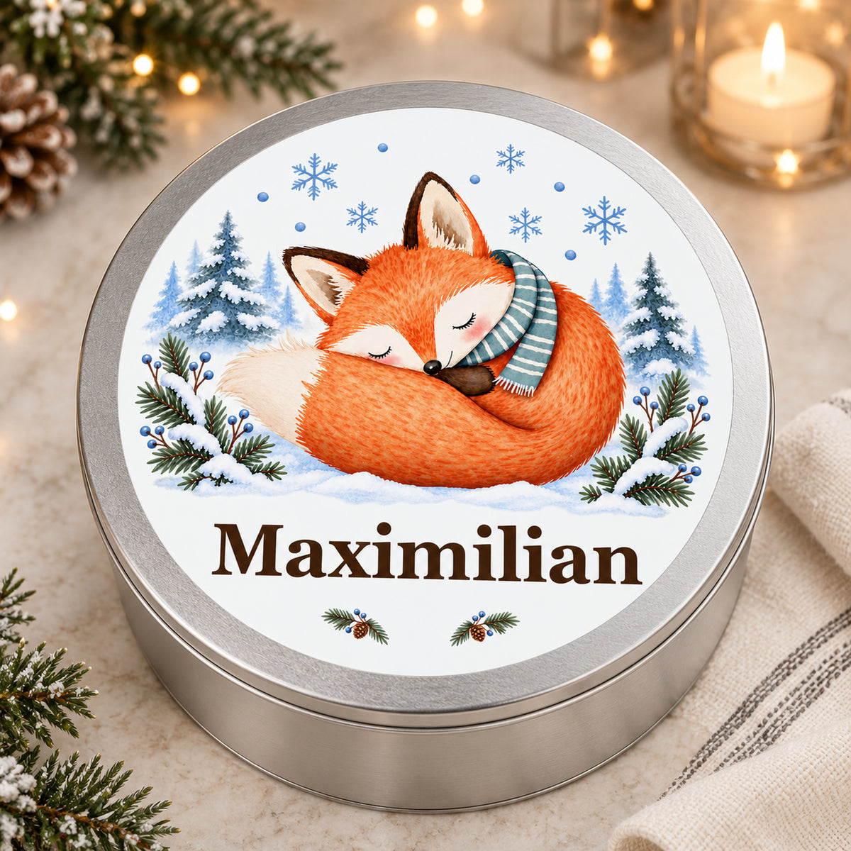 Keksdose mit schlafendem Fuchs und Wunschname, bedruckter Deckel von oben