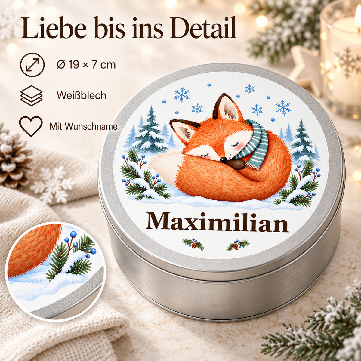 Keksdose mit schlafendem Fuchs und Wunschname, mit Motivdetail und Angaben zu Weißblech und 19 × 7 cm