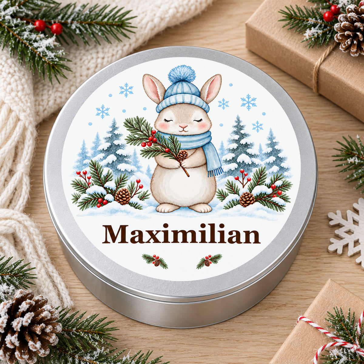 Keksdose mit Winterhasen und Wunschname, bedruckter Deckel von oben