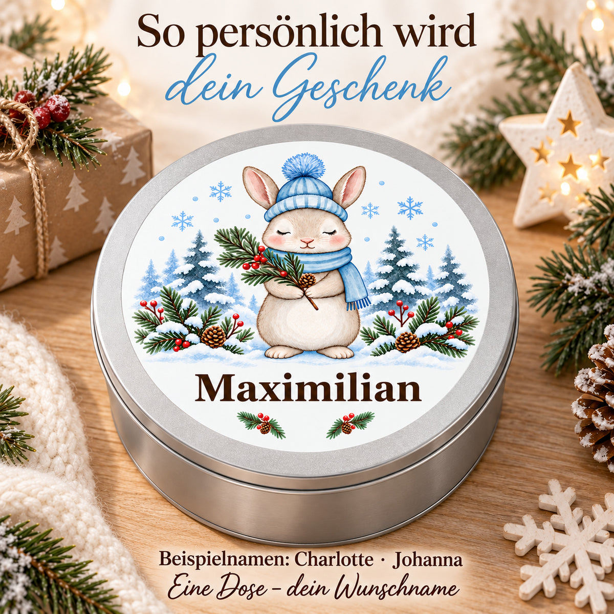 Eine Keksdose mit Winterhasen und Wunschname; weitere Namensbeispiele stehen daneben als Text