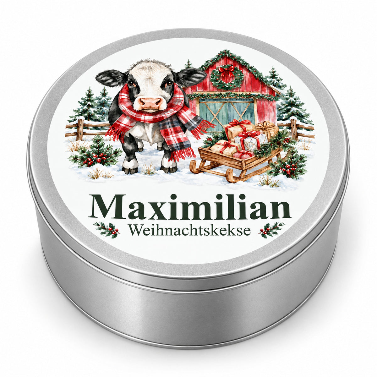 Runde silberne Keksdose mit Wunschname und Kuh im Weihnachtsstall auf weißem Hintergrund