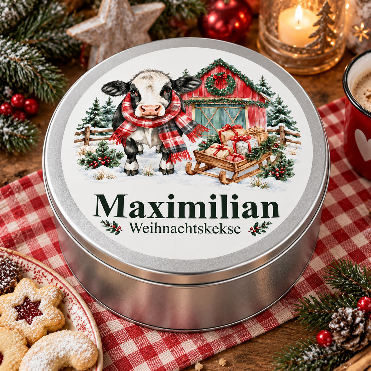 Keksdose mit Wunschname und Kuh im Weihnachtsstall zwischen Plätzchen und weihnachtlicher Dekoration