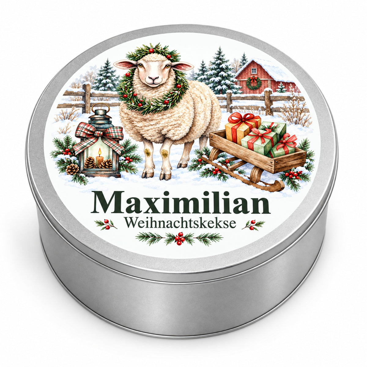 Runde silberne Keksdose mit Wunschname und Schaf mit Geschenkschlitten auf weißem Hintergrund