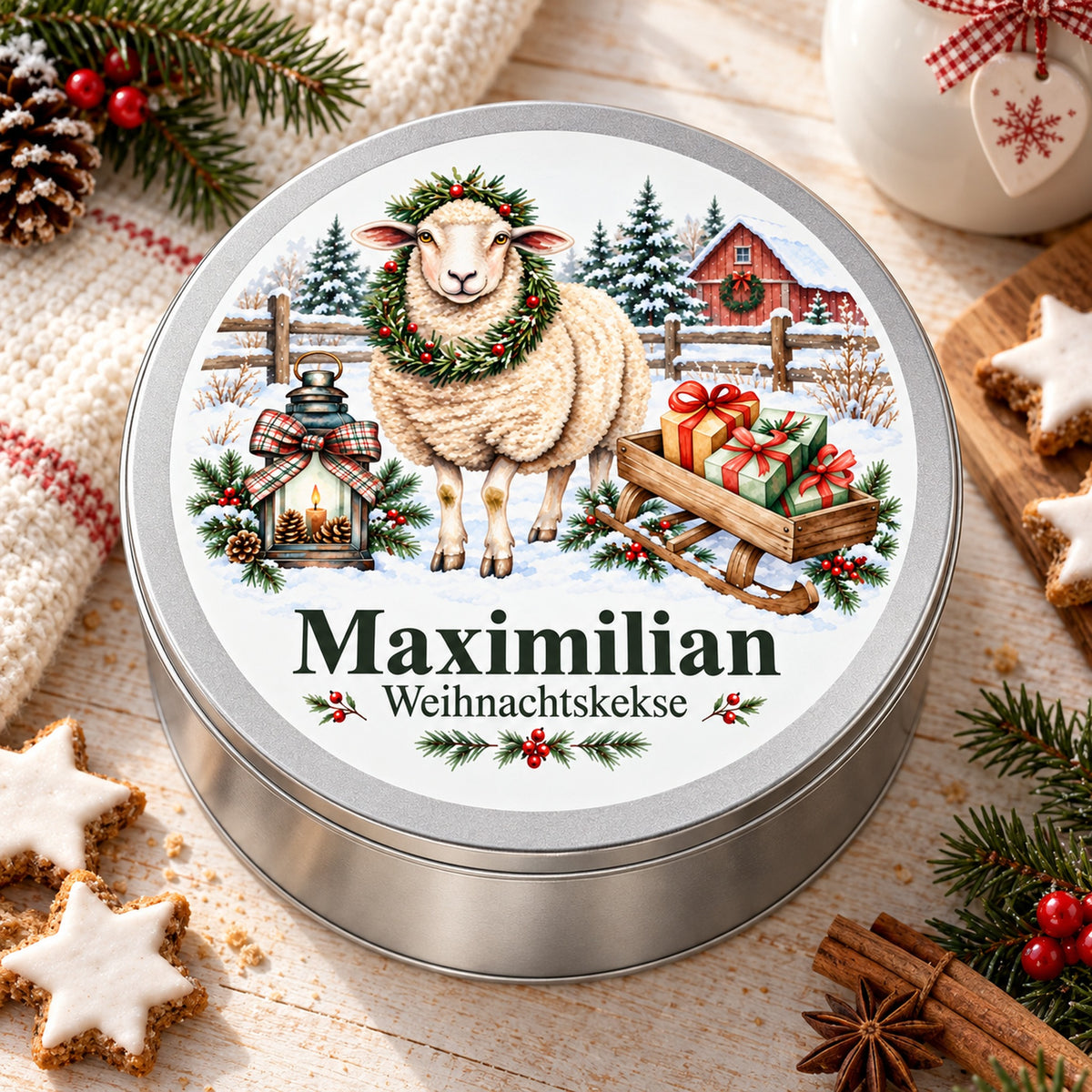 Plätzchendose mit Wunschname und Schaf mit Geschenkschlitten zwischen Weihnachtsgebäck und Backzutaten