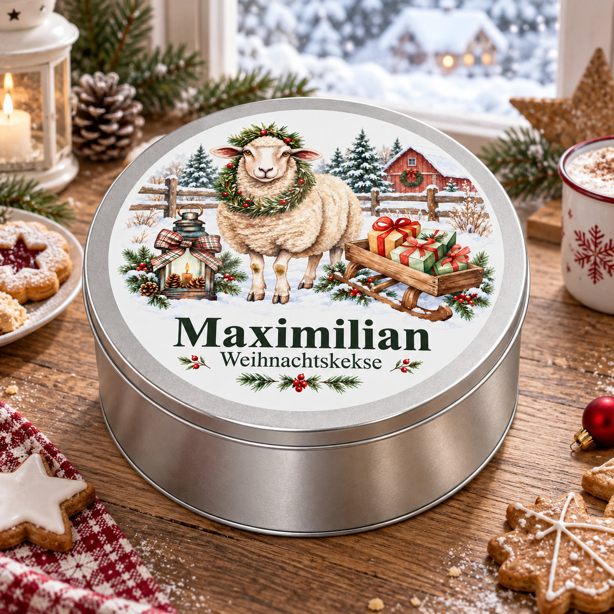 Gebäckdose mit Schaf mit Geschenkschlitten und Wunschname auf einem weihnachtlich dekorierten Holztisch