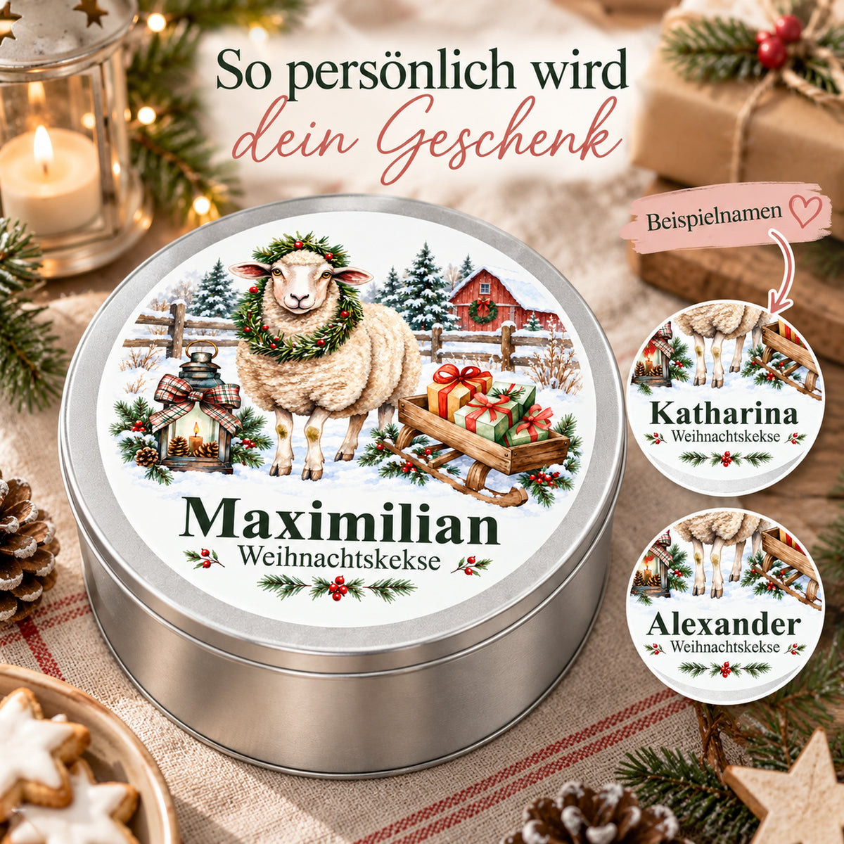 Keksdose mit Schaf mit Geschenkschlitten und verschiedenen Wunschnamen als personalisierte Geschenkidee