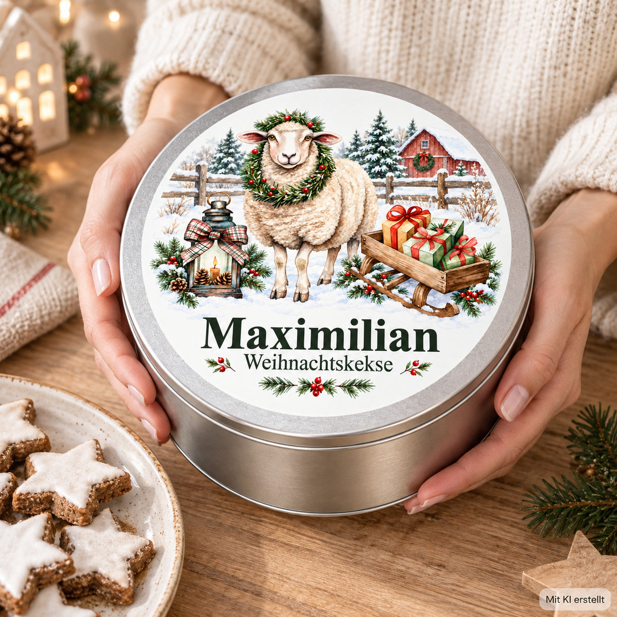 Personalisierte Plätzchendose mit Schaf mit Geschenkschlitten und Wunschname in den Händen
