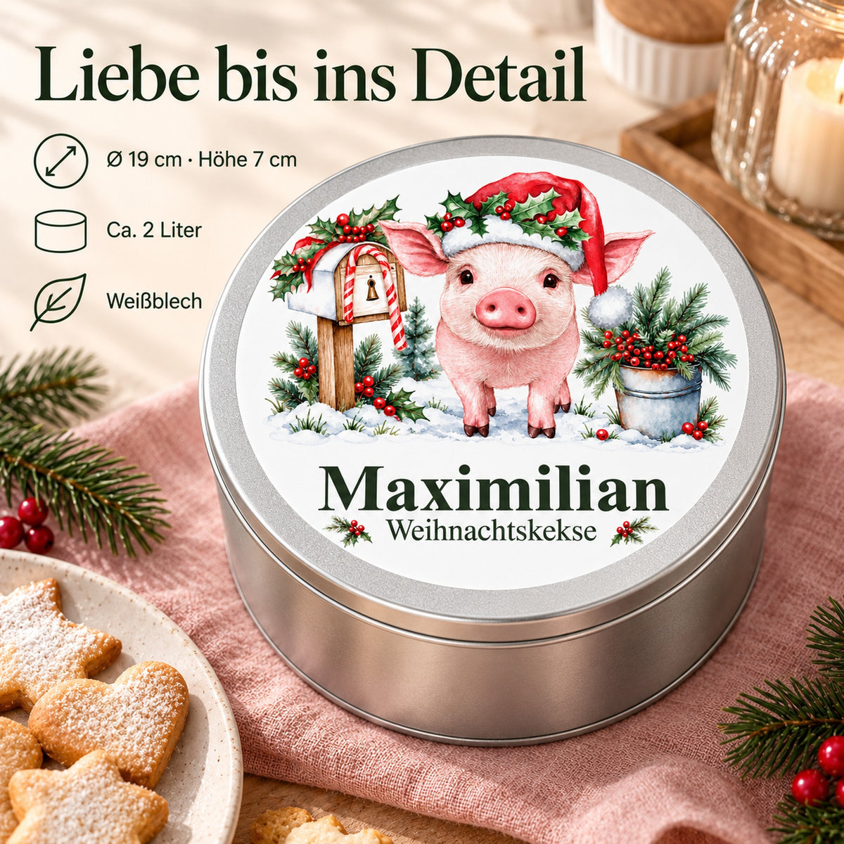Personalisierte Weihnachtsdose mit Schweinchen und Weihnachtspost und Angaben zu Größe, Volumen und Material