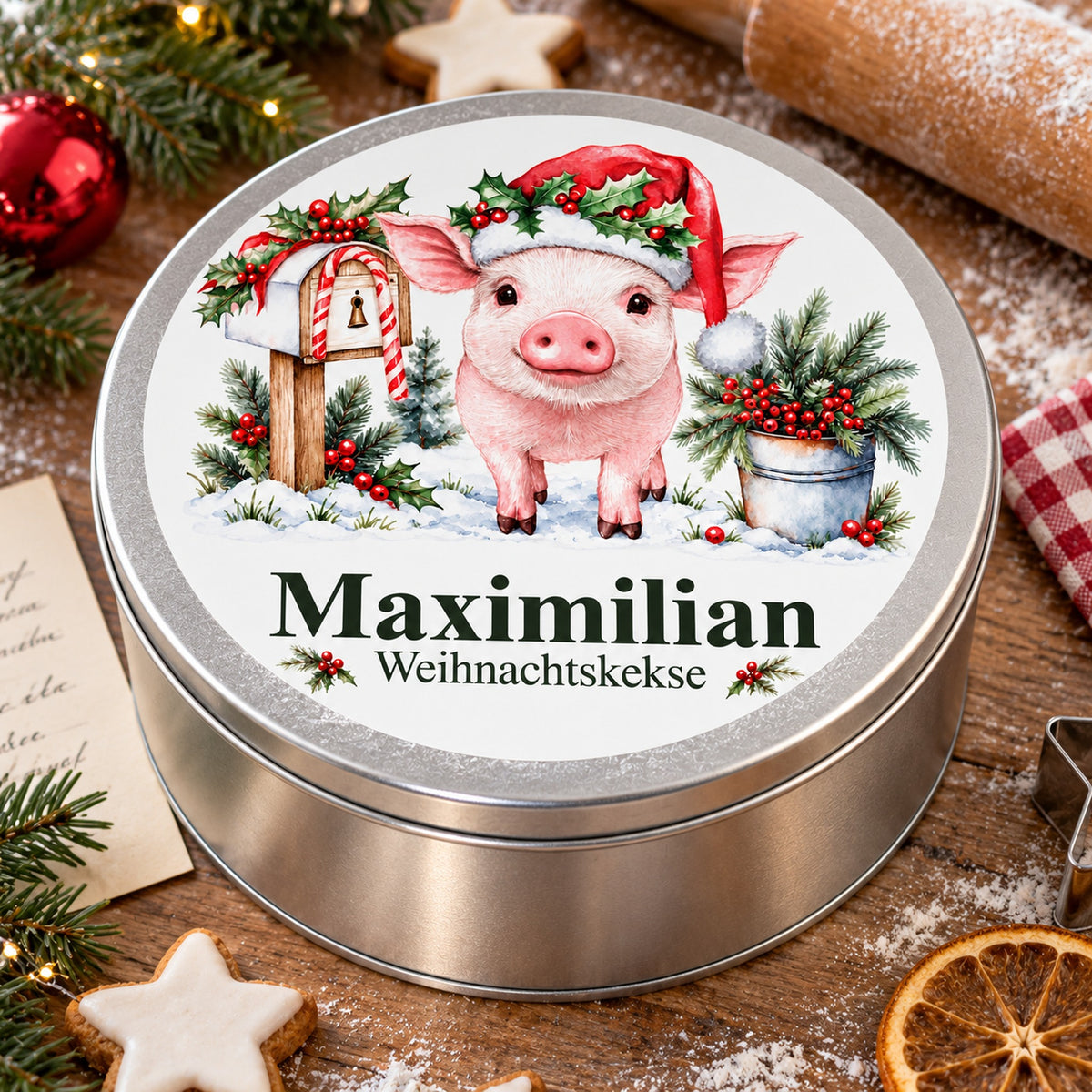 Nahansicht des bedruckten Deckels der Keksdose mit Schweinchen und Weihnachtspost und Wunschname