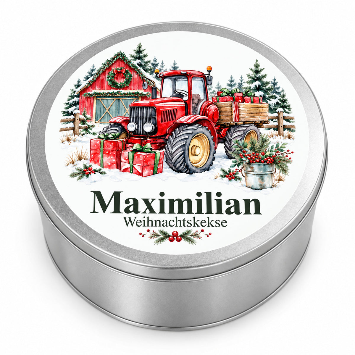 Runde silberne Keksdose mit Wunschname und Traktor mit Weihnachtsgeschenken auf weißem Hintergrund