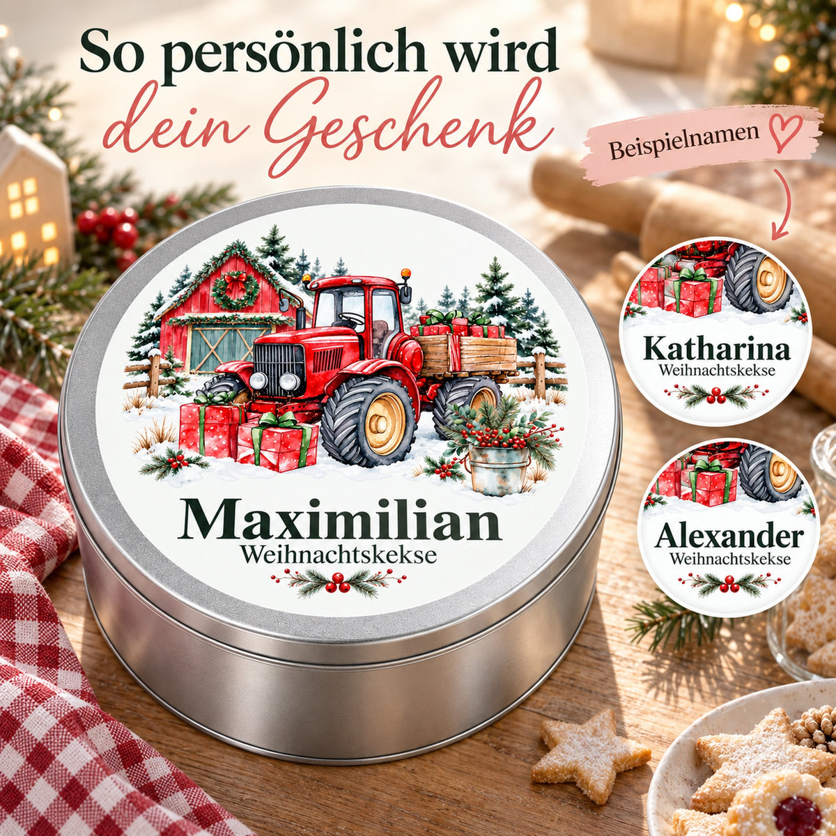 Keksdose mit Traktor mit Weihnachtsgeschenken und verschiedenen Wunschnamen als personalisierte Geschenkidee